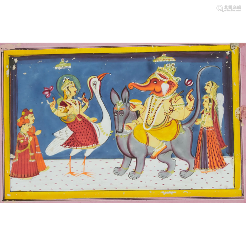An Indian Miniature Painting of Sarasvati and Ganesh,