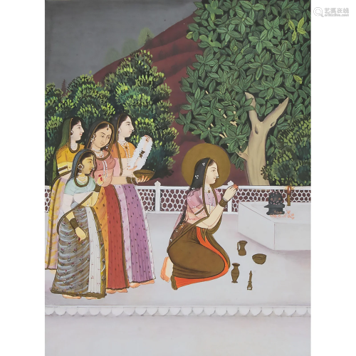 An Indian Miniature Painting of Court Ladies, 19th