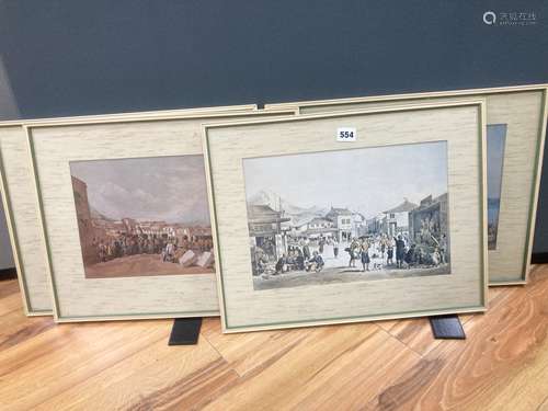 Four coloured prints of Hong Kong and Kowloon, 21.5 x 33 wit...