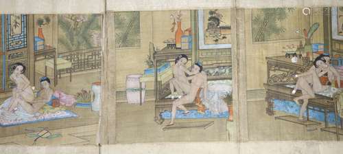 A group of six 19th century Chinese erotic paintings on silk...