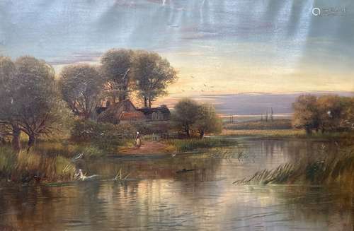 D.D, 1899. Oil on canvas, river landscape at sunset, initial...