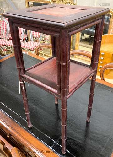 A Chinese rosewood and faux bamboo table, W.37cm D.37cm H.80...