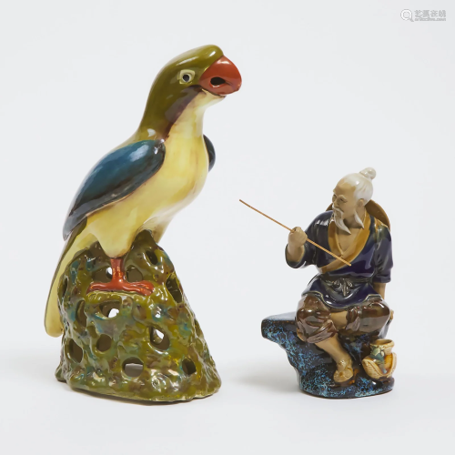 A Shiwan Pottery Figure of a Fisherman, Together With a