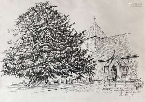 Moria Hoddell, pen and ink, East Chiltington church, signed,...