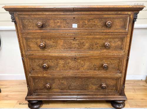 A mid 19th century oak and pollard oak chest fitted four lon...