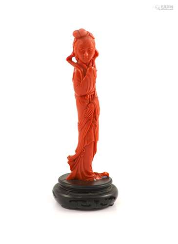 A Chinese coral figure of a tall lady, mid 20th century,14.7...