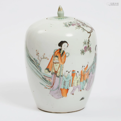An Enameled 'Figural' Jar and Cover, Mid 20th Century,