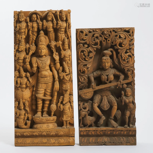 Two Indian Carved Wood Reliefs, 20th Century, ????
