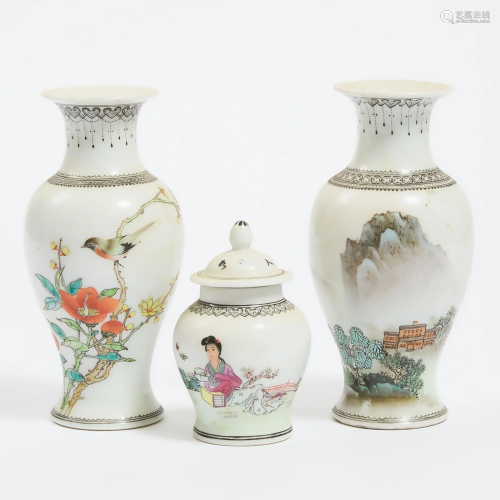 Two Small Grisaille and Enamel Porcelain Vases,