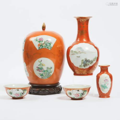 A Group of Five Chinese Coral-Ground Porcelain Wares,