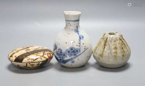 Two Japanese ceramic water droppers and a stoneware box and ...