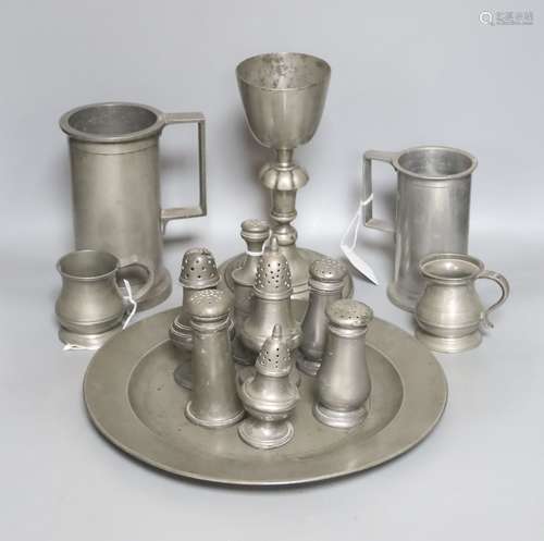 Seven pewter salt or pepper pots, a goblet, 23.5cm, four mea...