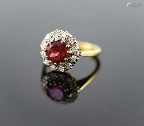 A modern 18ct gold, deep pink tourmaline and diamond set ova...