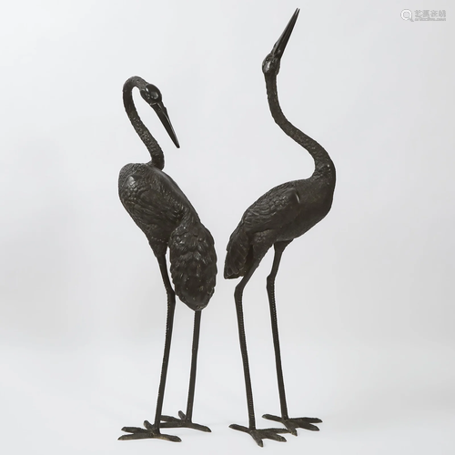 A Pair of Large Meiji-Style Bronze Cranes, tallest