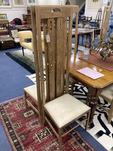 A set of six Macintosh style oak high back dining chairs. H-...