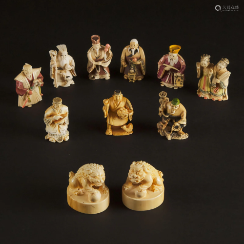 A Group of Nine Ivory Netsuke Figures, Together With a
