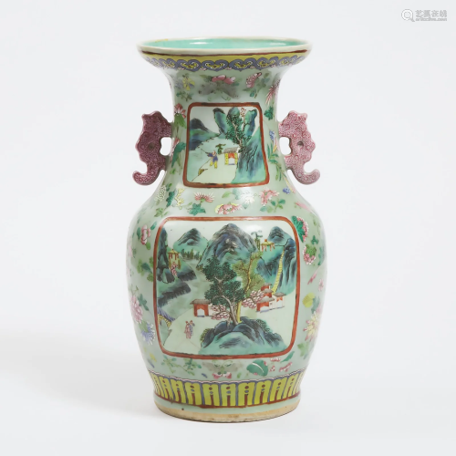 A Canton Enameled Celadon Vase, Late 19th/Early 20th