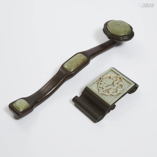 A Jade Inset Hardwood Ruyi Sceptre, Together With a