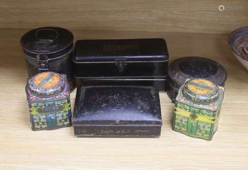 Two 19th century Toleware spice boxes, widest 20cm, and five...