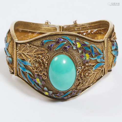 A Chinese Silver Gilt Filigree Hinged Bangle, Late