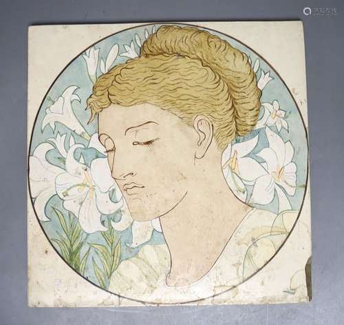 A large Victorian Minton tile, painted with a female portrai...