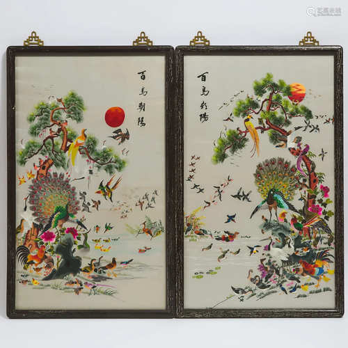 A Pair of Silk Embroidered 'Hundred Birds' Panels, Mid