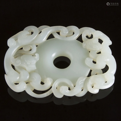 A Chinese White Jade Carved Double Chi-Dragon Pendant,