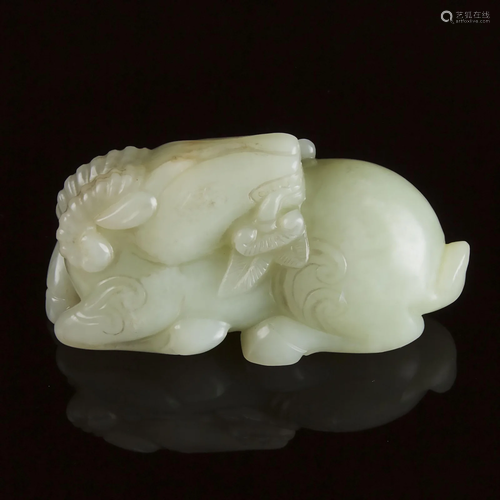 A Pale Celadon Jade Carving of a Ram, ?????, length 3.3