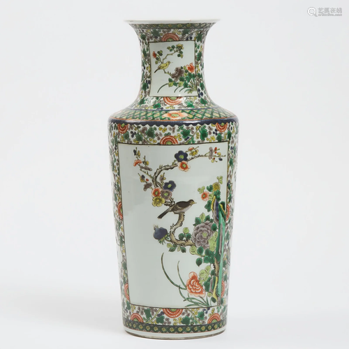 A Chinese Wucai 'Birds and Flowers' Rouleau Vase, 19th