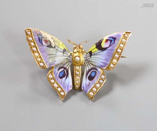 A yellow metal, enamel and split pearl set butterfly pendant...