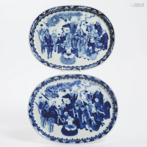 A Pair of Blue and White 'Eighteen Luohan' Dishes, Late