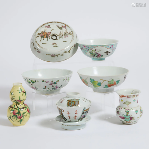 A Group of Seven Chinese Enameled Porcelain Wares, 19th