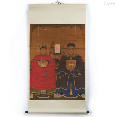 A Chinese Ancestor Painting of a Couple, Late Qing