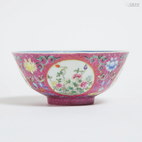 A Famille Rose Sgraffito Ruby-Ground 'Medallion' Bowl,