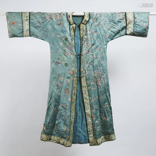 A Chinese Blue Ground Silk Embroidered Robe, 19th/20th