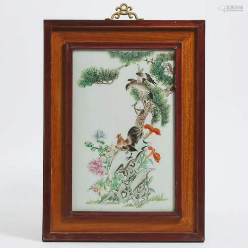 A Famille Rose Porcelain Plaque of a Rooster and a