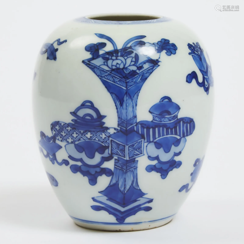A Blue and White 'Hundred Antiques' Ovoid Jar, Kangxi