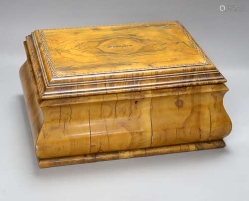 A Jerusalem olivewood casket, bombe shape with inset photogr...