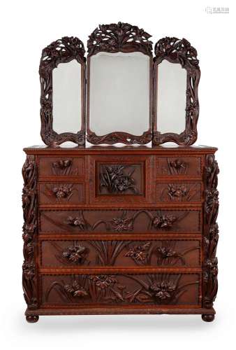 A Japanese carved exotic hardwood cabinet with tryptic mirro...