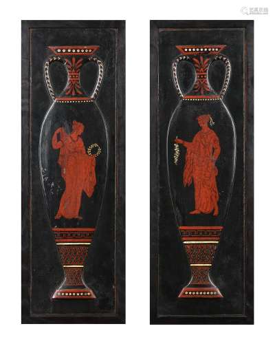 A pair of painted wood panels in the Etruscan style