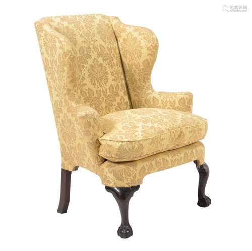 A mahogany and damask style upholstered armchair
