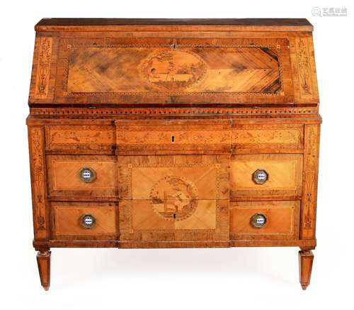 A Continental walnut, birch and marquetry bureau