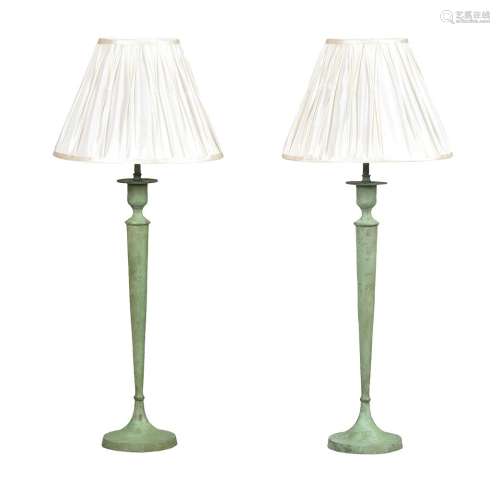 A pair verdigris patinated metal lamp bases