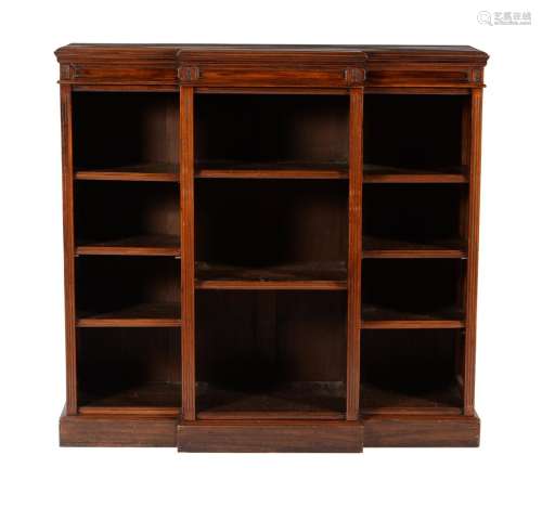 A late Victorian walnut breakfront open bookcase