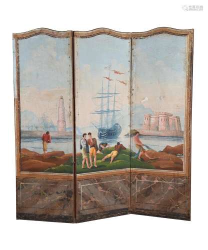 A continental painted three fold screen