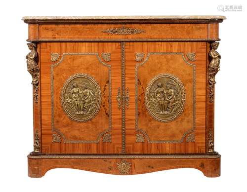 Y A kingwood, burr walnut, and gilt metal mounted side cabin...