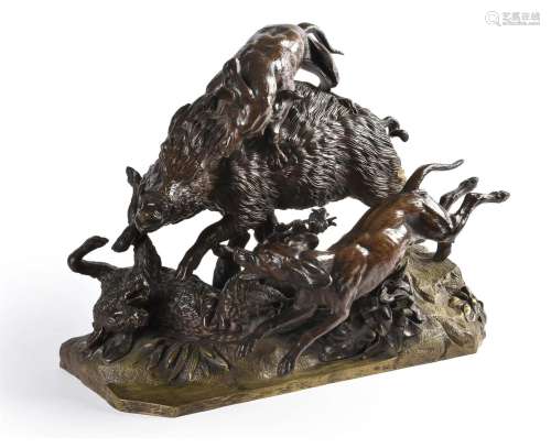 A French bronze animalier group depicting a wild boar hunt