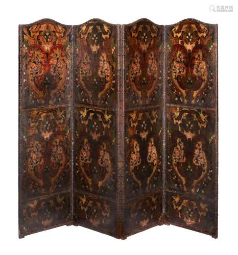 A Victorian painted and embossed leather four fold screen in...