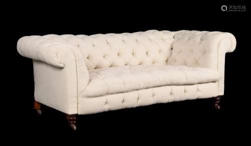 A Victorian walnut and cream linen upholstered sofa