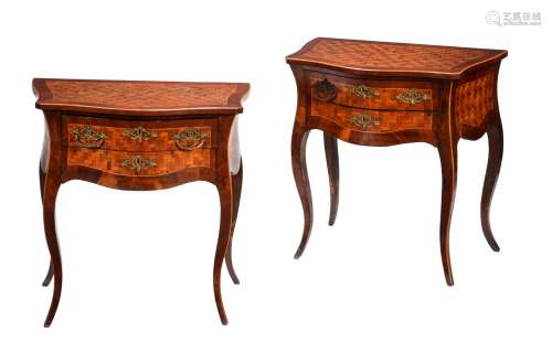 A pair of French walnut and parquetry side tables